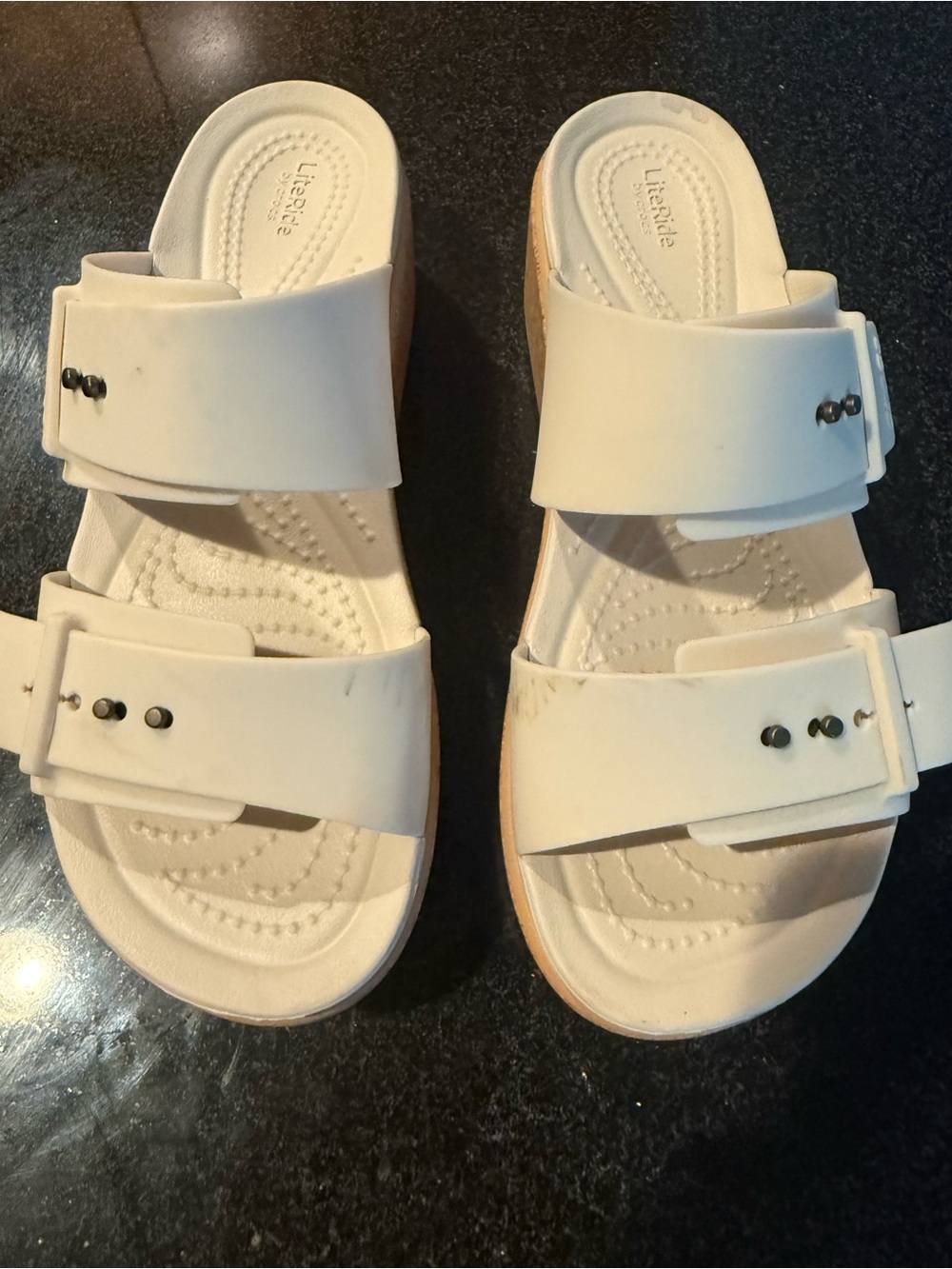 CROCS Women's Cream Double-Buckle Platform Slide Sandals